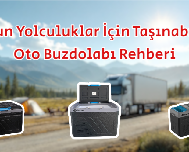 Uzun yol taşımacılığında kullanılan araç içi taşınabilir oto buzdolabı örnek görseli. Arka planda TIR ve kamp alanı görünmektedir.